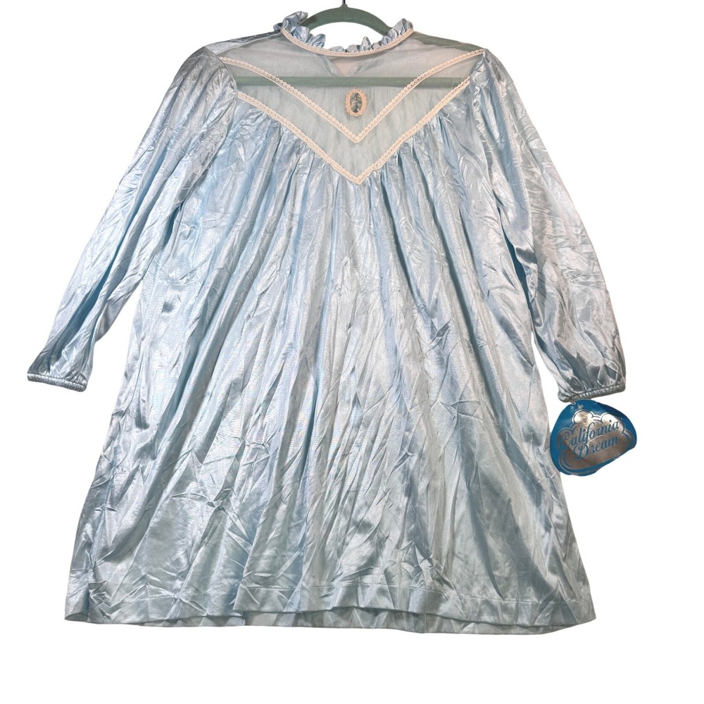California Dream Blue Metallic Long Sleeve Nightgown Lingerie M Vintage made USA